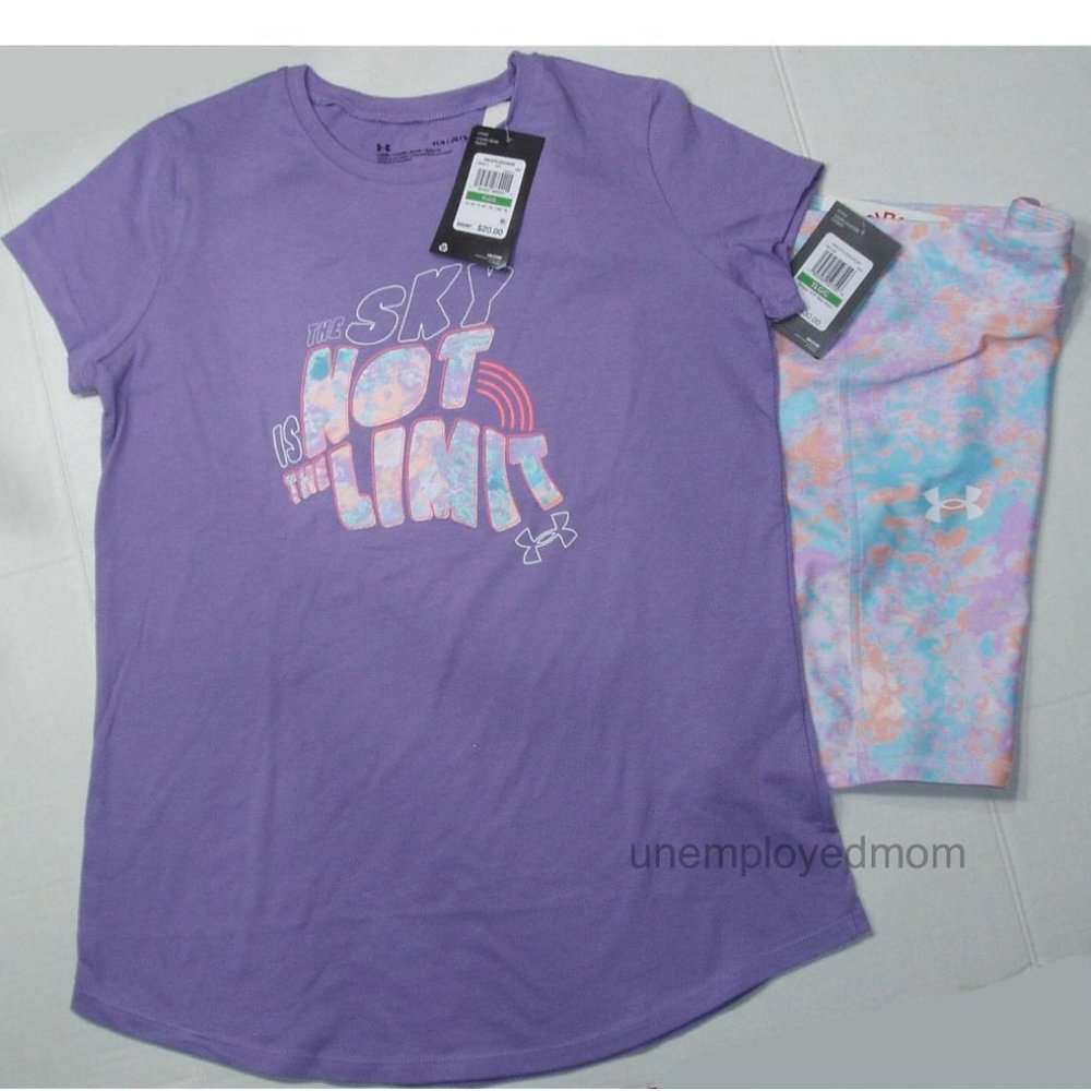 Under Armour Outfit Top Bike Shorts Youth Girl Athletic Sports Tee Sky Not Limit